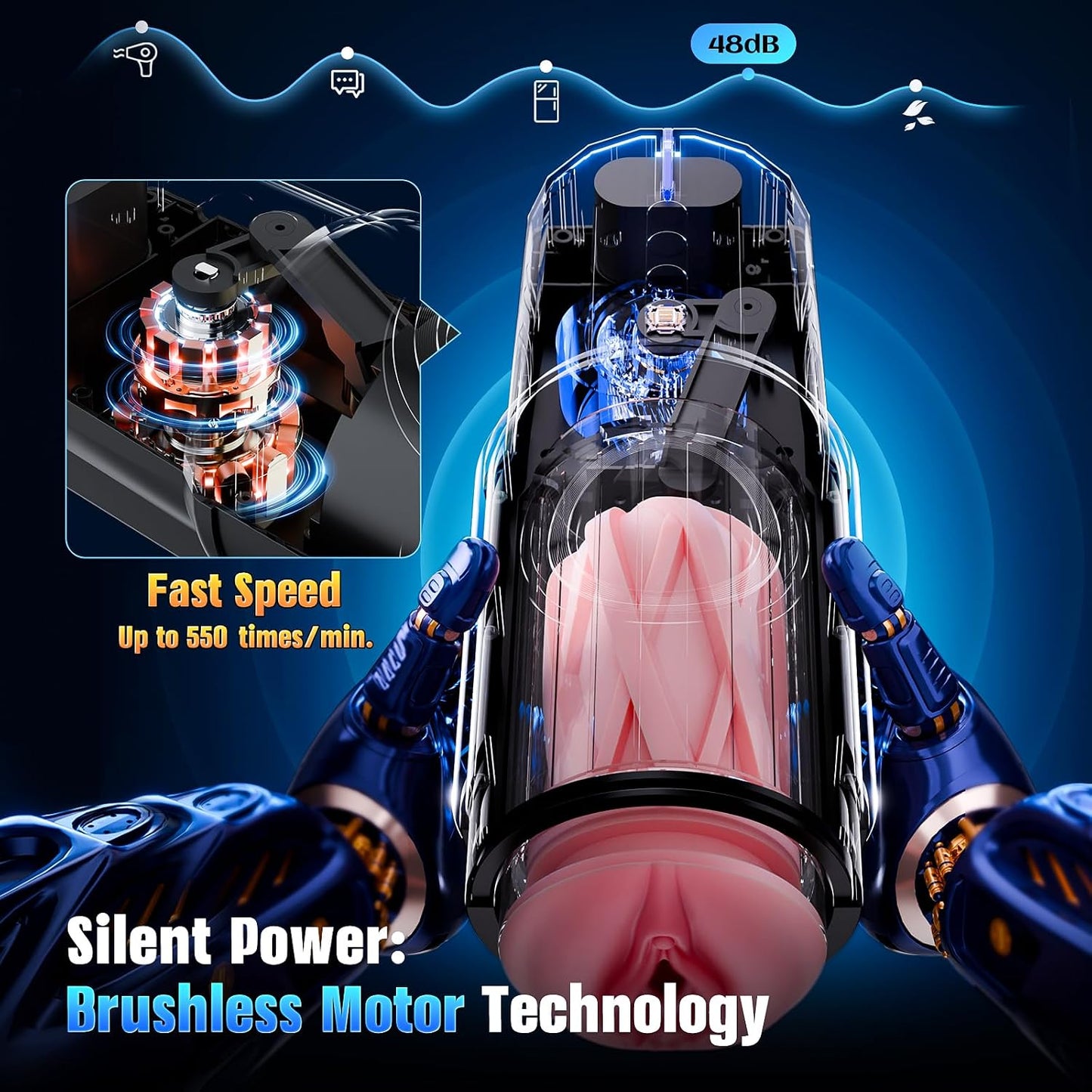 360° Heated App-Controlled Male Masturbator, 5 thrusting speed settings, up to 550 thrusts per minute, equipped with a brushless motor and a magnetic phone mount